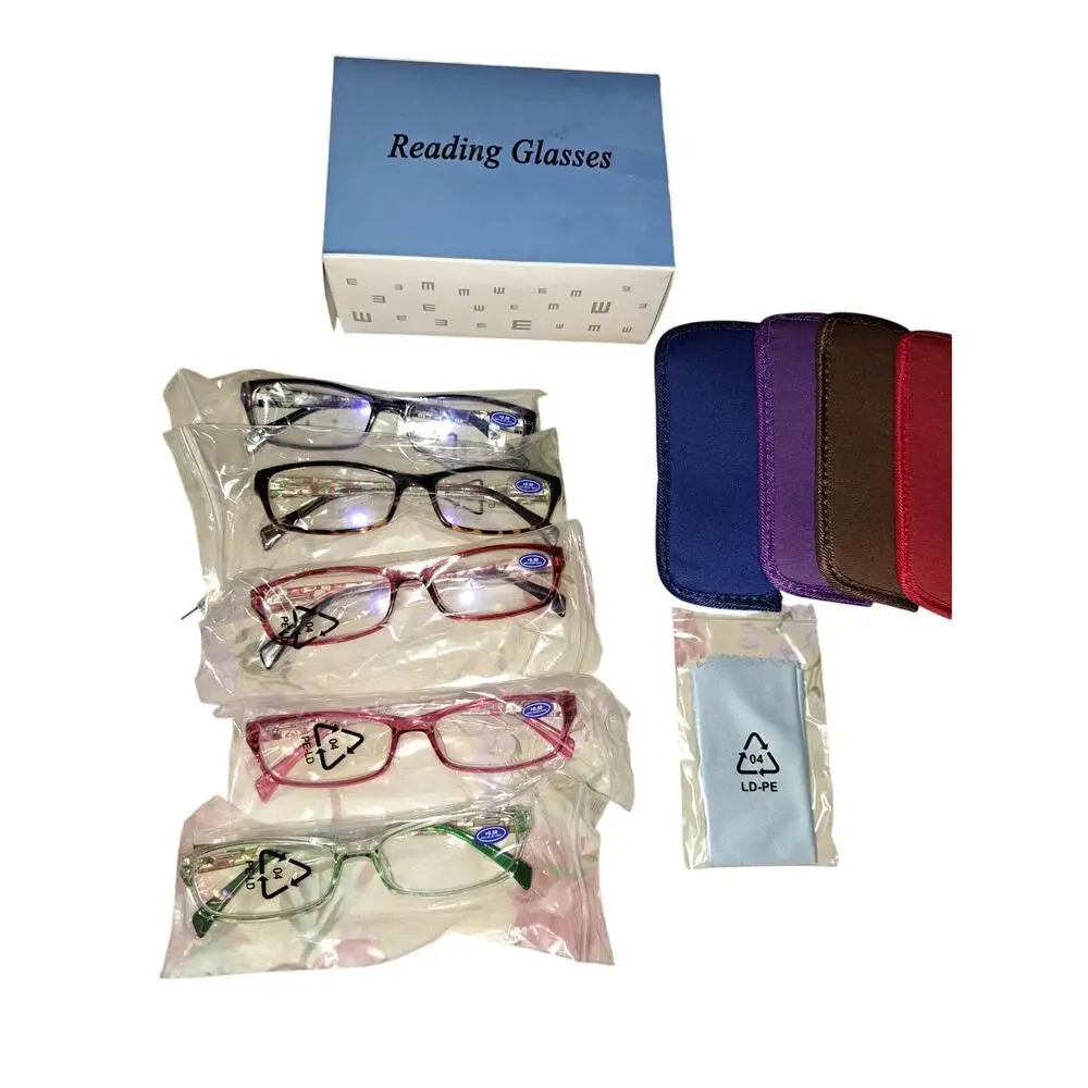 Reading Glasses 5 Pairs w/soft glass cases Comfort Quality Readers .50+